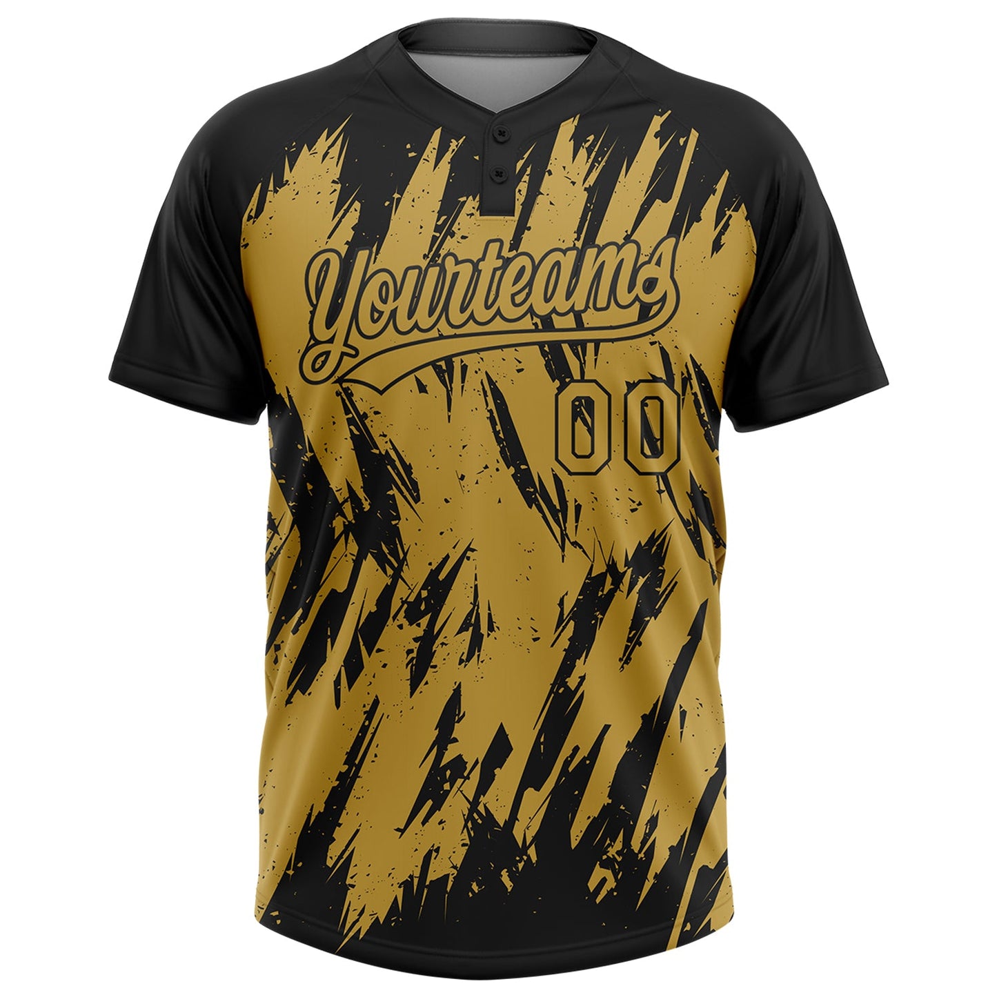 Custom Black Old Gold 3D Pattern Abstract Sharp Shape Two-Button Unisex Softball Jersey view 2