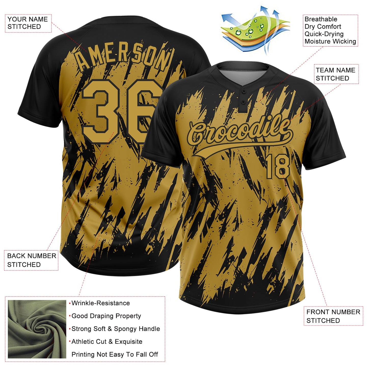 Custom Black Old Gold 3D Pattern Abstract Sharp Shape Two-Button Unisex Softball Jersey view 3