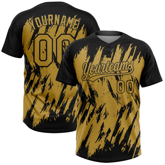 Custom Black Old Gold 3D Pattern Abstract Sharp Shape Two-Button Unisex Softball Jersey - Main View