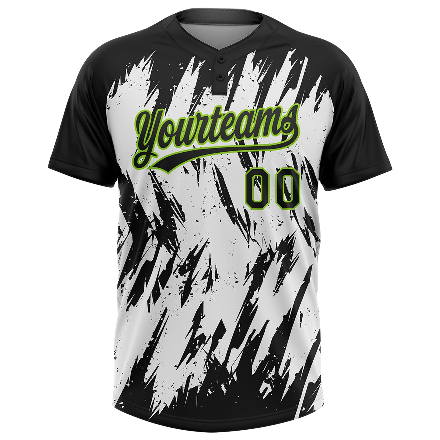 Custom Black Neon Green-White 3D Pattern Abstract Sharp Shape Two-Button Unisex Softball Jersey view 2