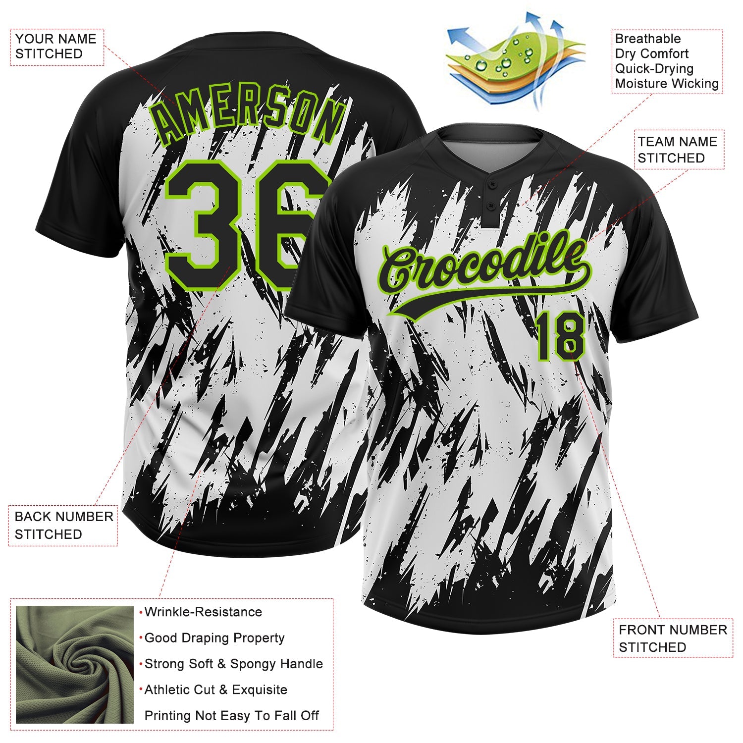Custom Black Neon Green-White 3D Pattern Abstract Sharp Shape Two-Button Unisex Softball Jersey view 3