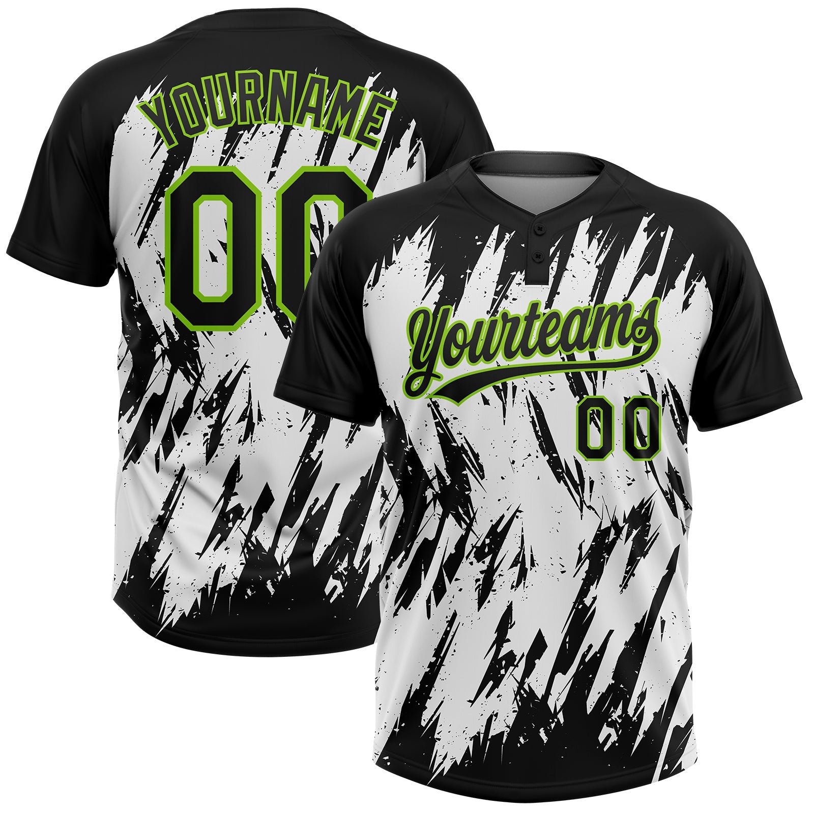 Custom Black Neon Green-White 3D Pattern Abstract Sharp Shape Two-Button Unisex Softball Jersey - Main View