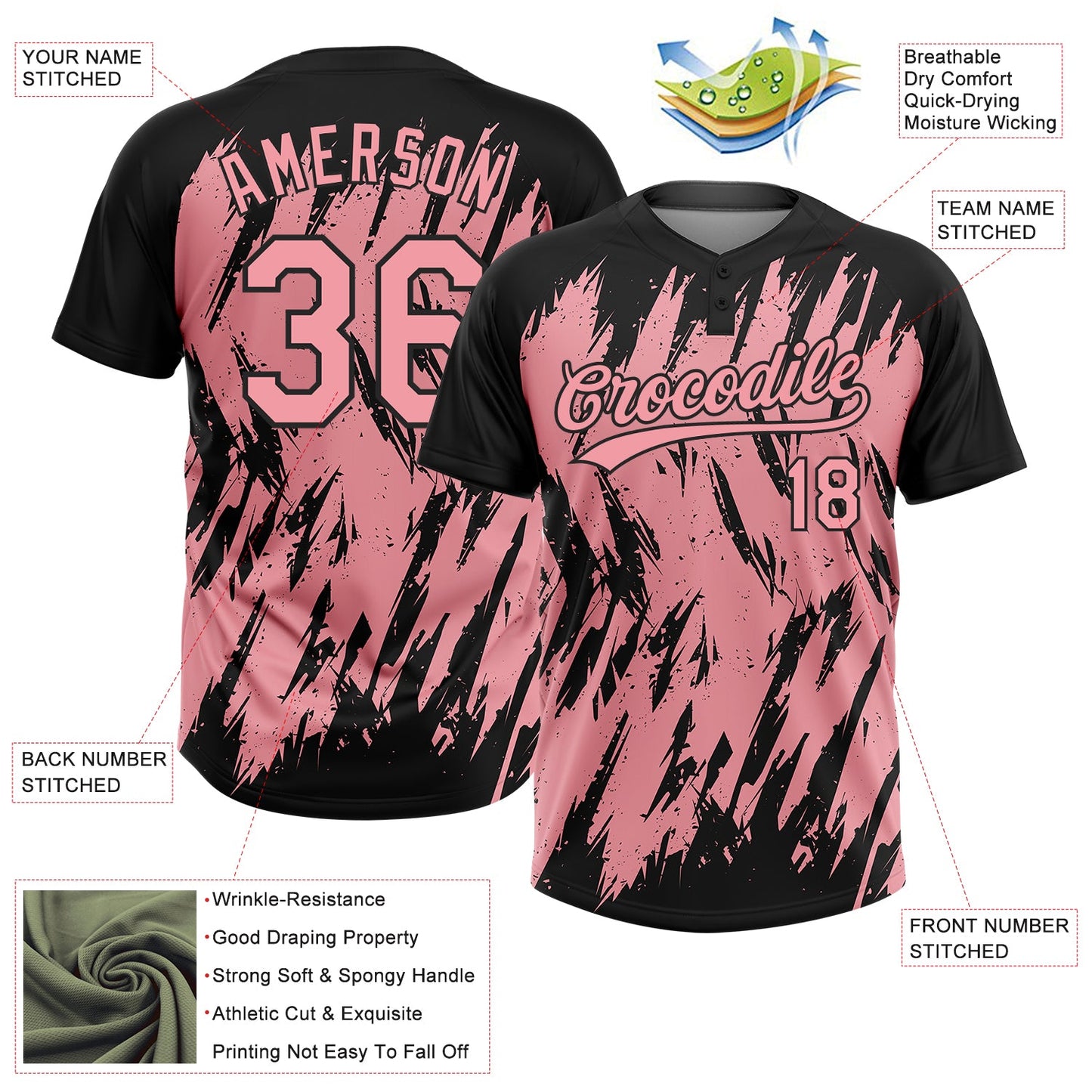 Custom Black Medium Pink 3D Pattern Abstract Sharp Shape Two-Button Unisex Softball Jersey view 3