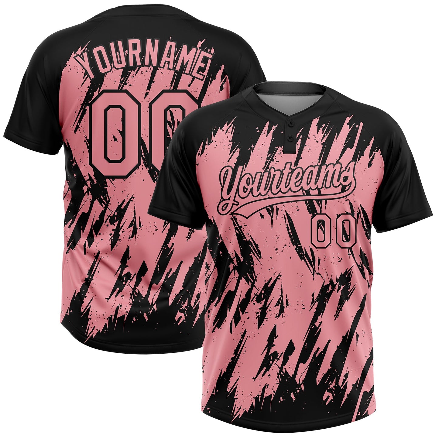 Custom Black Medium Pink 3D Pattern Abstract Sharp Shape Two-Button Unisex Softball Jersey - Main View