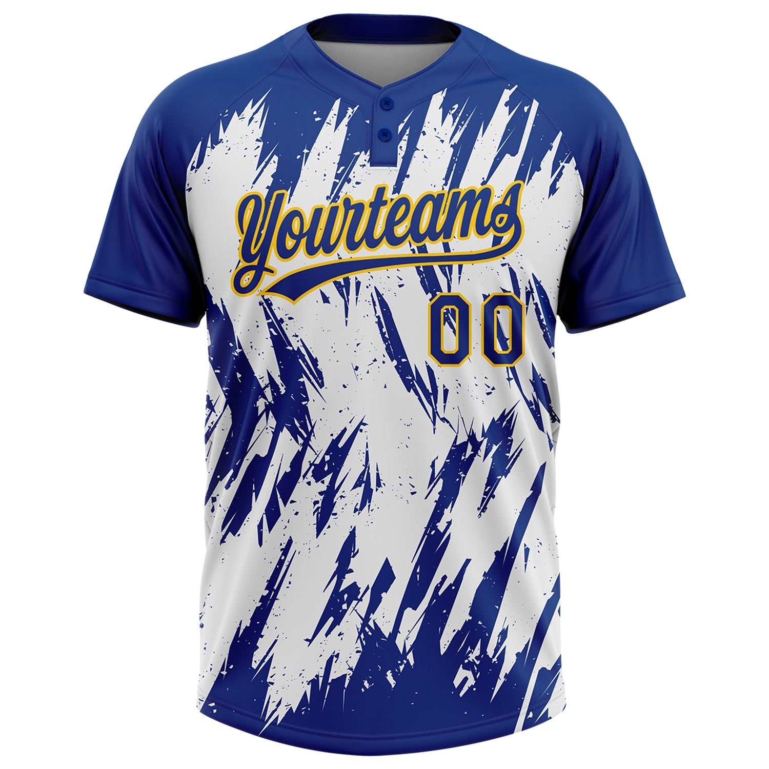 Custom Royal Yellow-White 3D Pattern Abstract Sharp Shape Two-Button Unisex Softball Jersey view 2