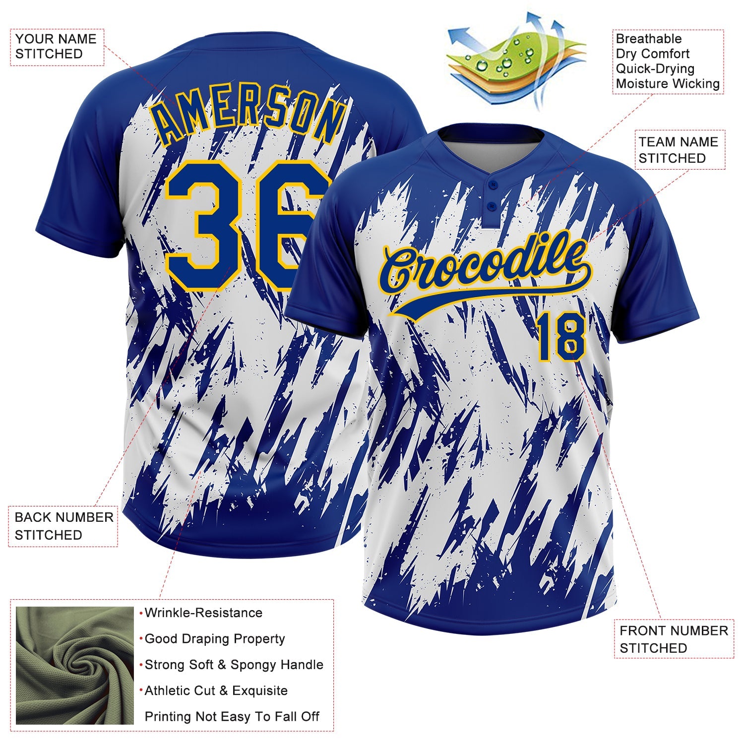 Custom Royal Yellow-White 3D Pattern Abstract Sharp Shape Two-Button Unisex Softball Jersey view 3