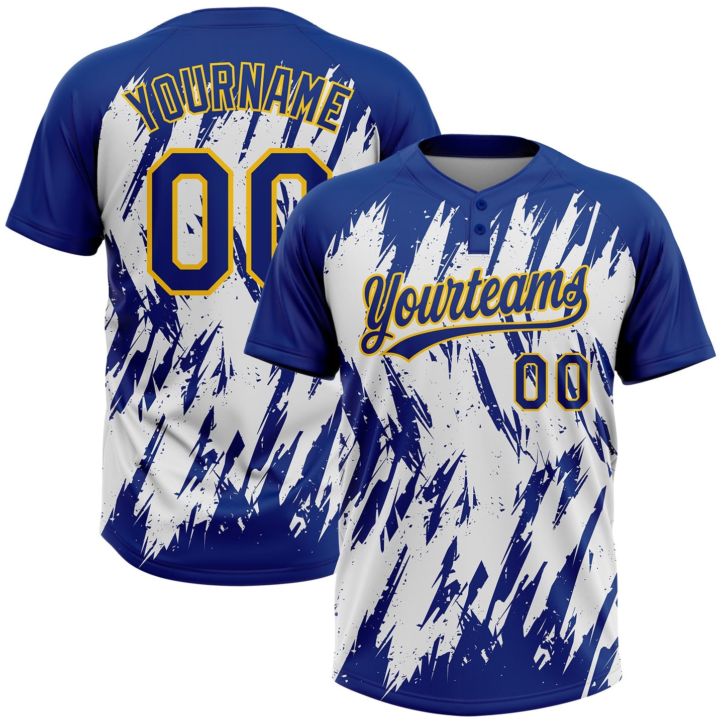 Custom Royal Yellow-White 3D Pattern Abstract Sharp Shape Two-Button Unisex Softball Jersey - Main View