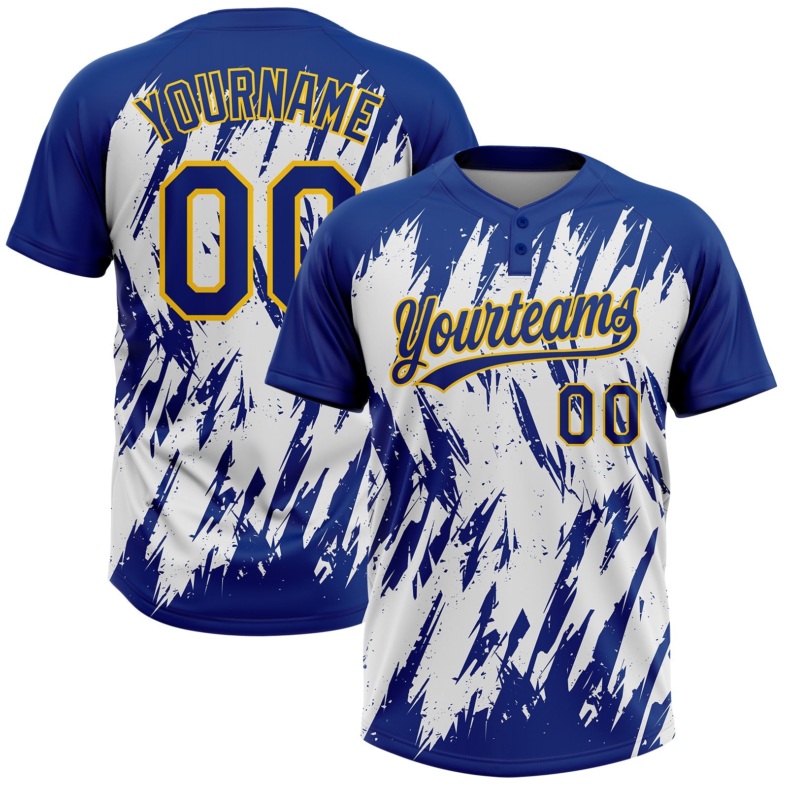 Custom Royal Yellow-White 3D Pattern Abstract Sharp Shape Two-Button Unisex Softball Jersey - Main View
