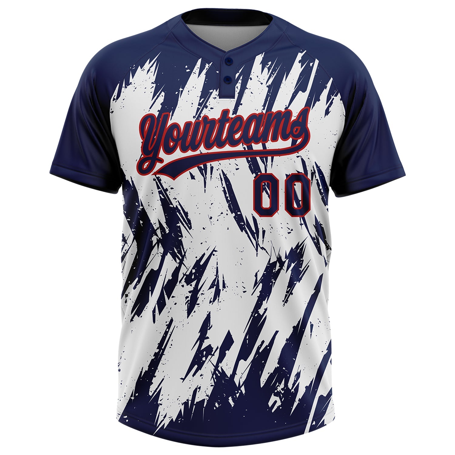 Custom Navy Red-White 3D Pattern Abstract Sharp Shape Two-Button Unisex Softball Jersey view 2