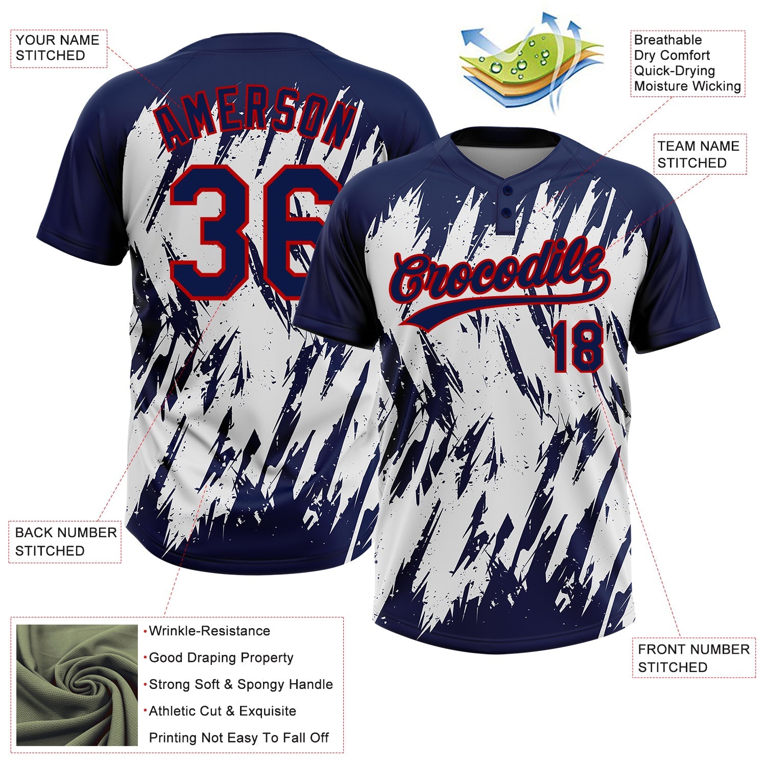 Custom Navy Red-White 3D Pattern Abstract Sharp Shape Two-Button Unisex Softball Jersey view 3