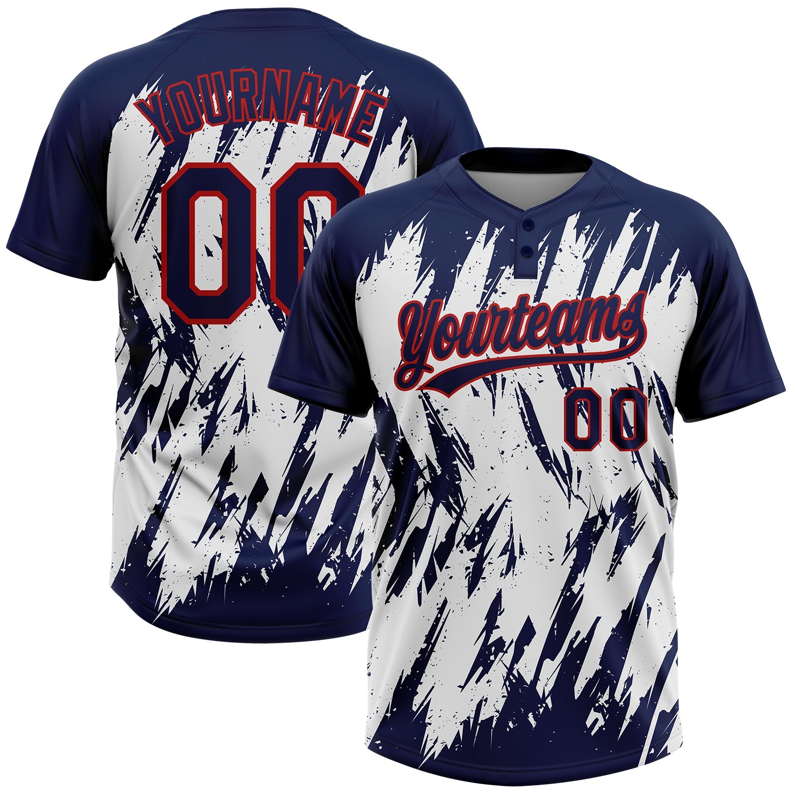 Custom Navy Red-White 3D Pattern Abstract Sharp Shape Two-Button Unisex Softball Jersey - Main View