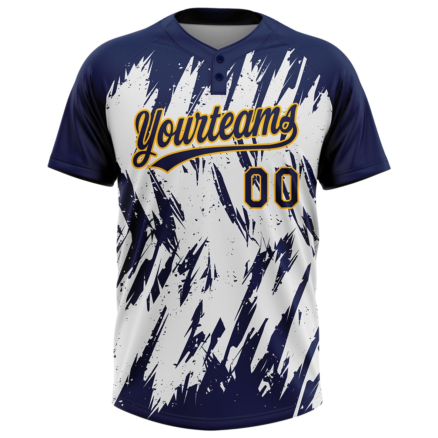 Custom Navy Gold-White 3D Pattern Abstract Sharp Shape Two-Button Unisex Softball Jersey view 2