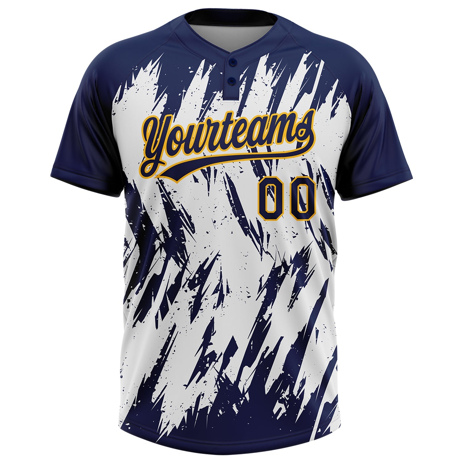 Custom Navy Gold-White 3D Pattern Abstract Sharp Shape Two-Button Unisex Softball Jersey view 2