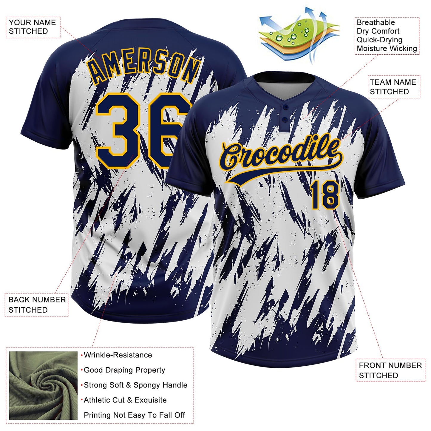 Custom Navy Gold-White 3D Pattern Abstract Sharp Shape Two-Button Unisex Softball Jersey view 3
