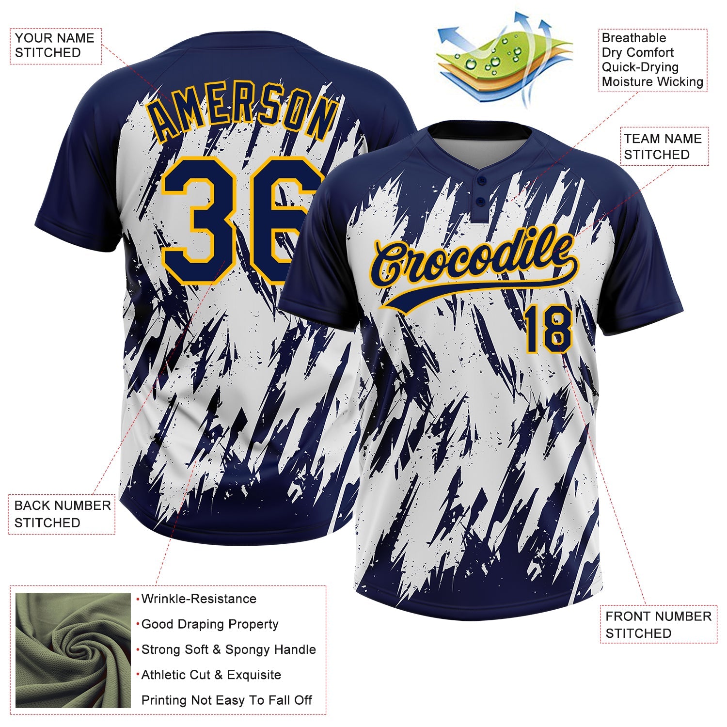 Custom Navy Gold-White 3D Pattern Abstract Sharp Shape Two-Button Unisex Softball Jersey view 3