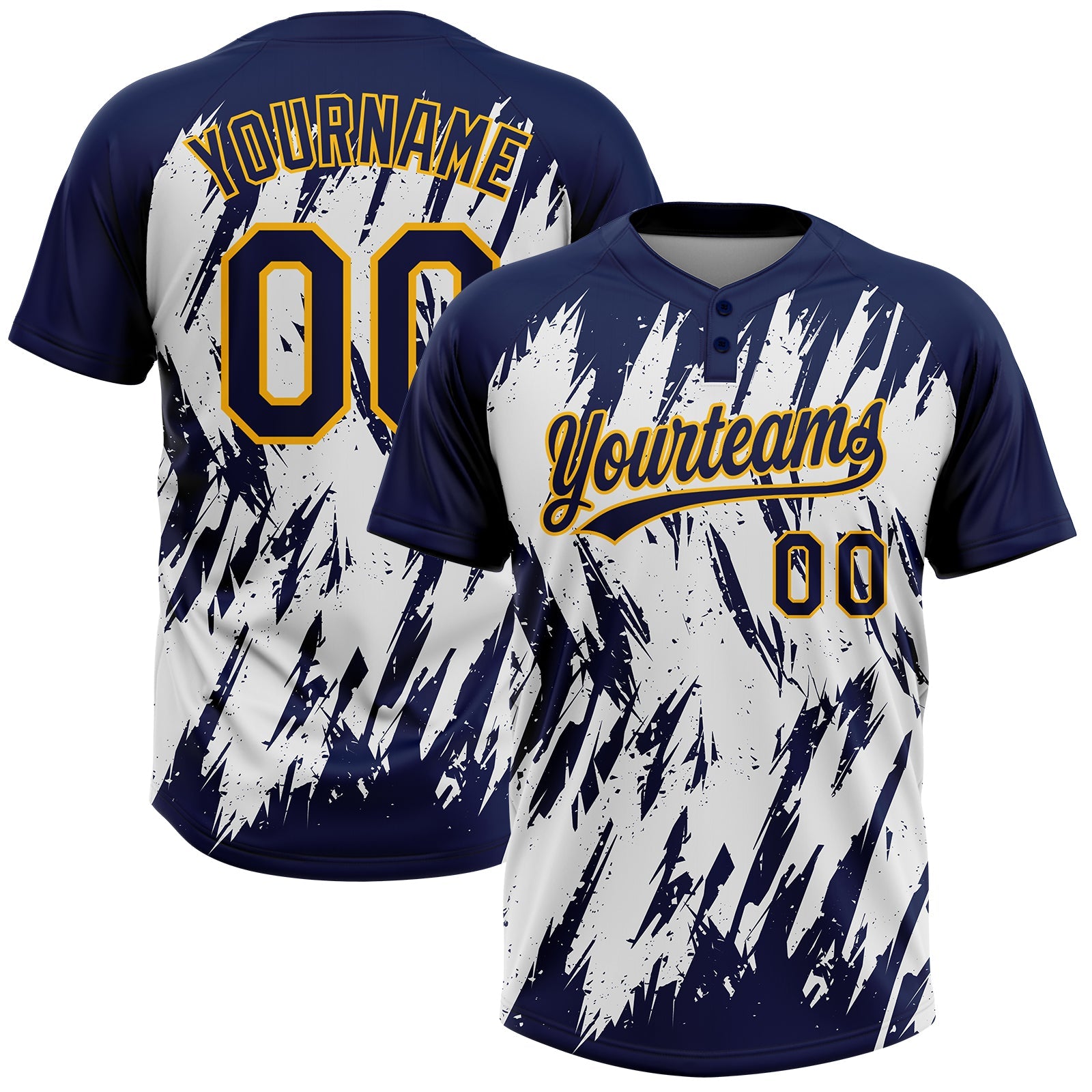 Custom Navy Gold-White 3D Pattern Abstract Sharp Shape Two-Button Unisex Softball Jersey - Main View