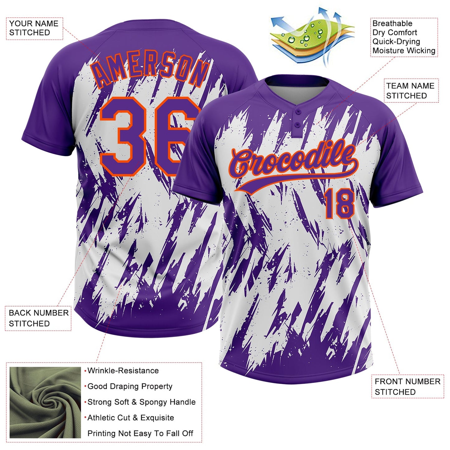 Custom Purple Orange-White 3D Pattern Abstract Sharp Shape Two-Button Unisex Softball Jersey view 3