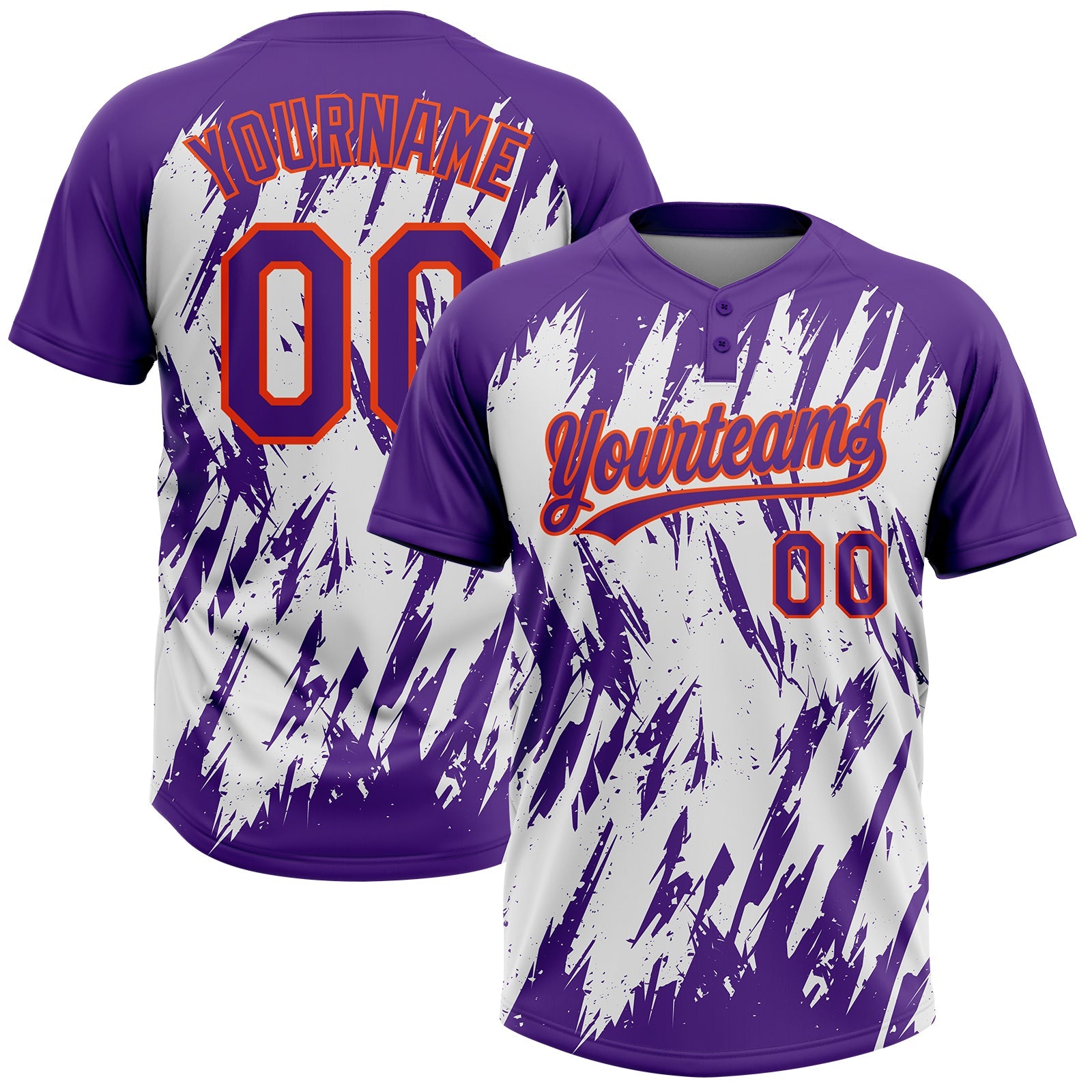 Custom Purple Orange-White 3D Pattern Abstract Sharp Shape Two-Button Unisex Softball Jersey - Main View