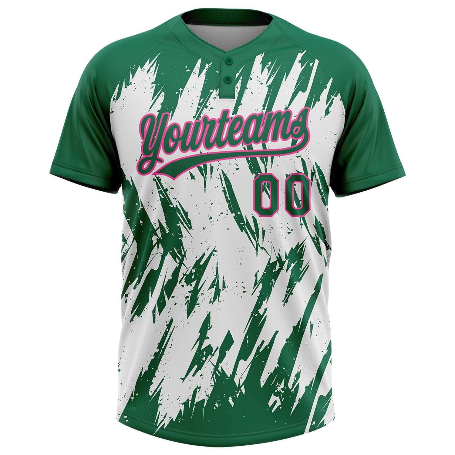 Custom Kelly Green Pink-White 3D Pattern Abstract Sharp Shape Two-Button Unisex Softball Jersey view 2