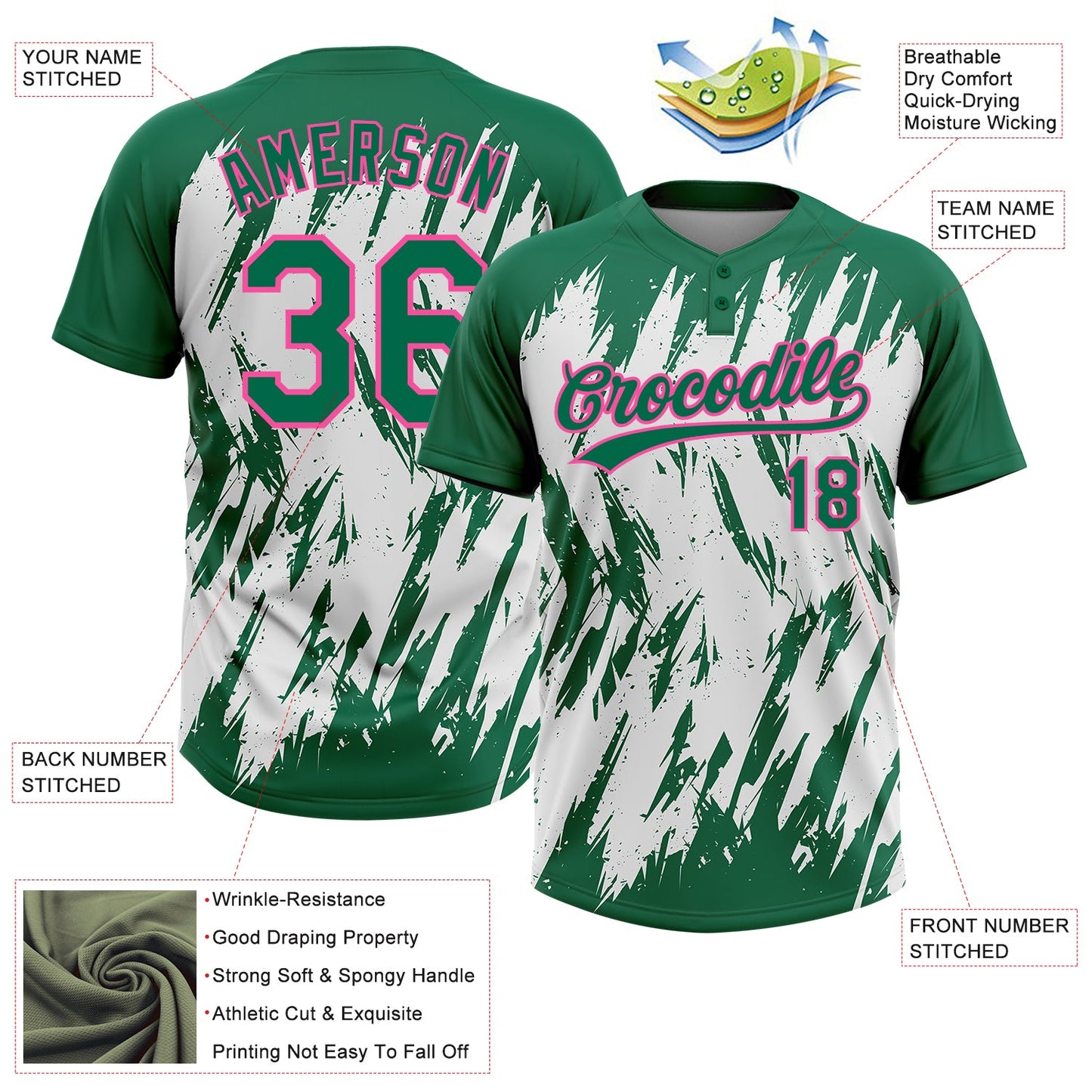 Custom Kelly Green Pink-White 3D Pattern Abstract Sharp Shape Two-Button Unisex Softball Jersey view 3
