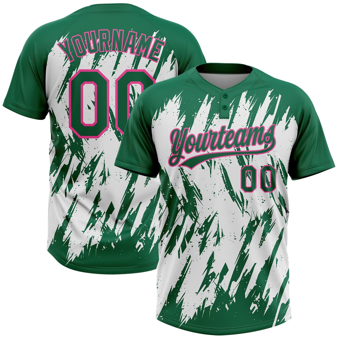 Custom Kelly Green Pink-White 3D Pattern Abstract Sharp Shape Two-Button Unisex Softball Jersey - Main View