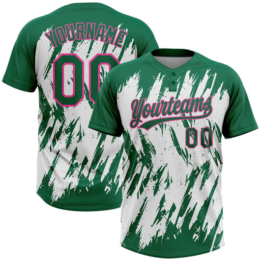 Custom Kelly Green Pink-White 3D Pattern Abstract Sharp Shape Two-Button Unisex Softball Jersey - Main View