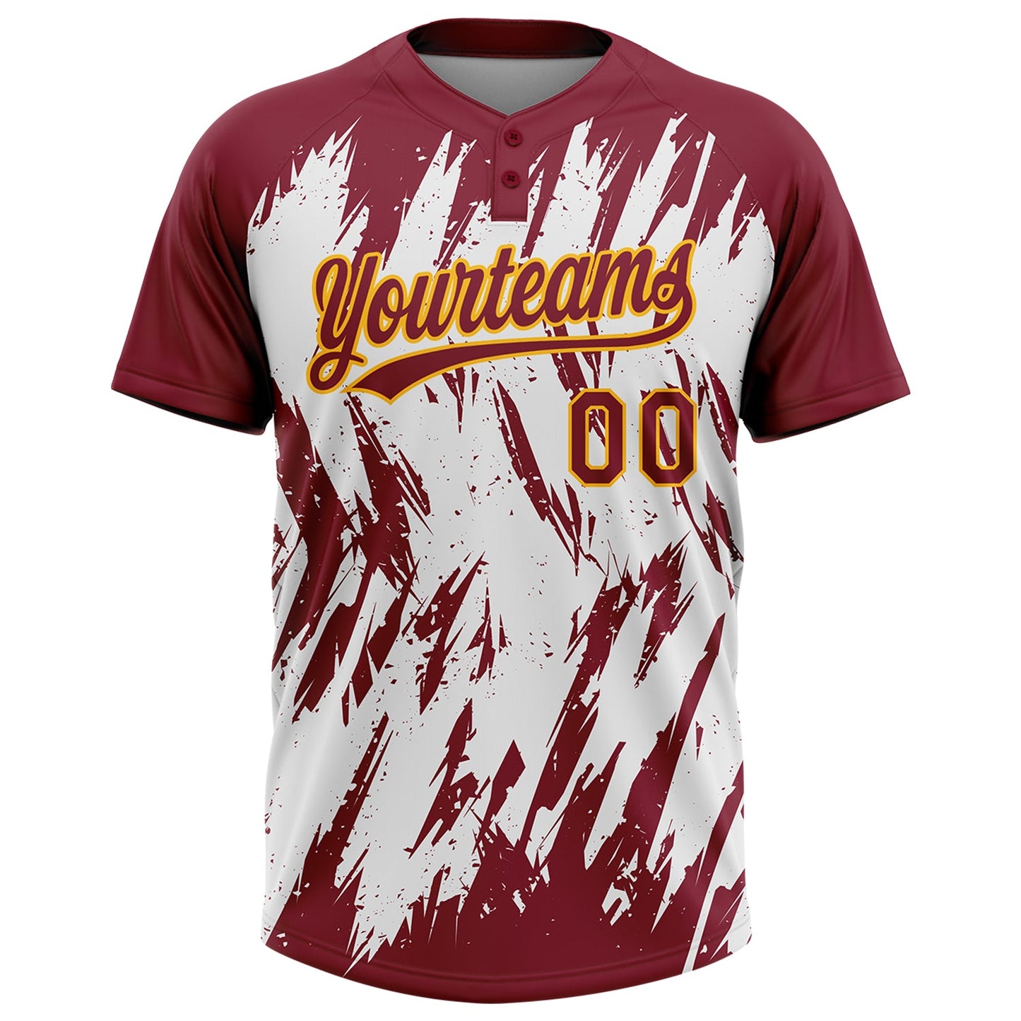 Custom Crimson Gold-White 3D Pattern Abstract Sharp Shape Two-Button Unisex Softball Jersey view 2