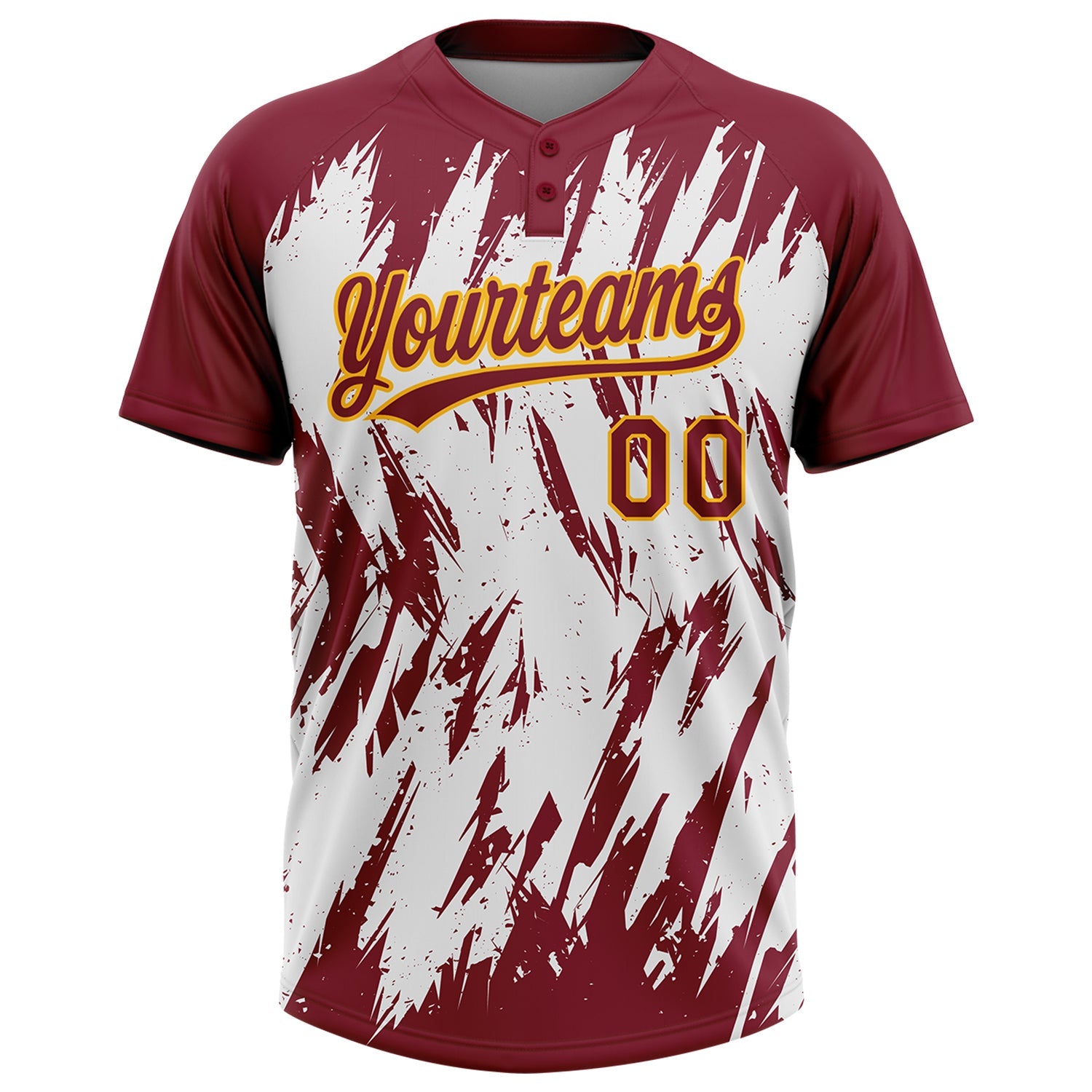 Custom Crimson Gold-White 3D Pattern Abstract Sharp Shape Two-Button Unisex Softball Jersey view 2