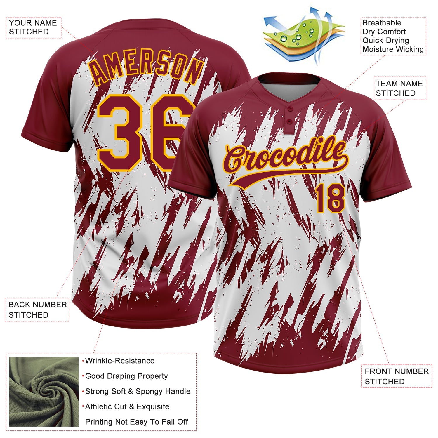 Custom Crimson Gold-White 3D Pattern Abstract Sharp Shape Two-Button Unisex Softball Jersey view 3
