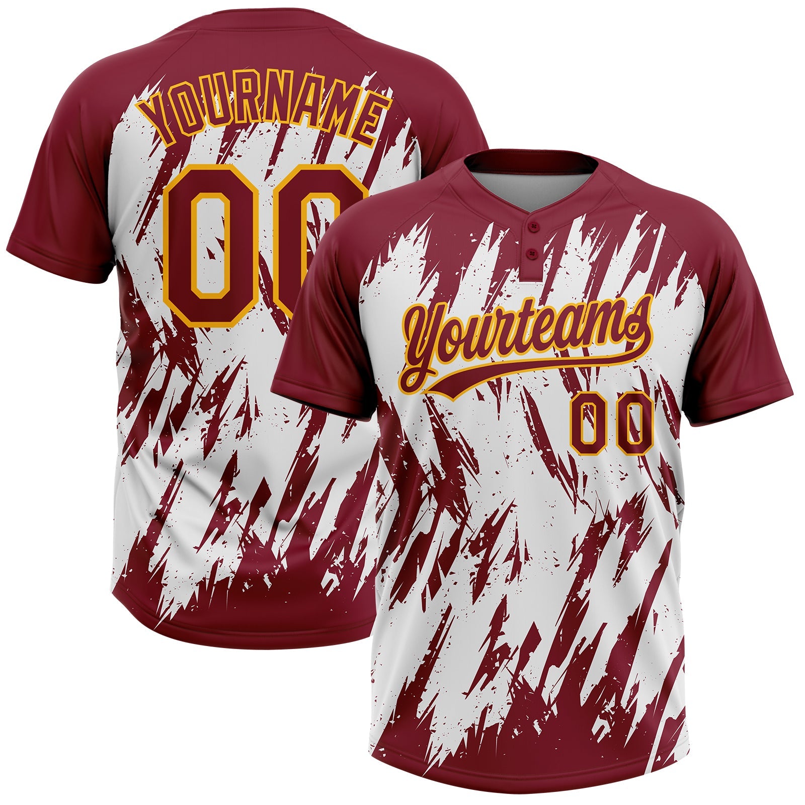Custom Crimson Gold-White 3D Pattern Abstract Sharp Shape Two-Button Unisex Softball Jersey - Main View