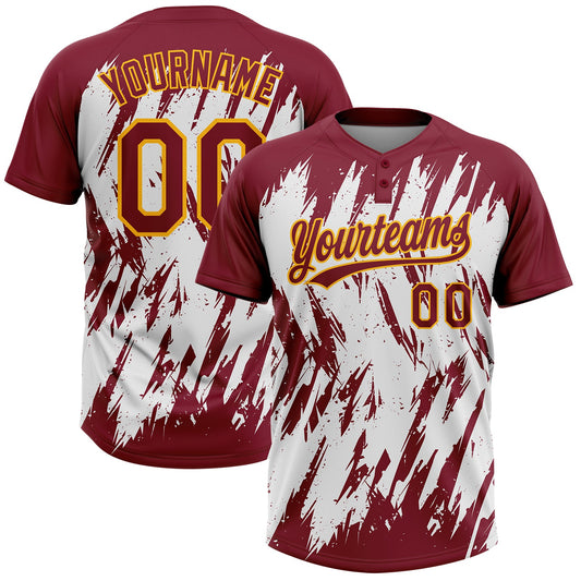 Custom Crimson Gold-White 3D Pattern Abstract Sharp Shape Two-Button Unisex Softball Jersey - Main View