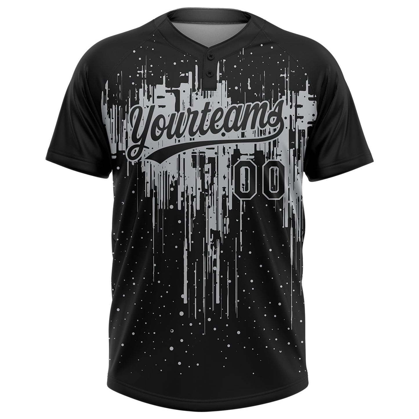 Custom Black Gray 3D Pattern Dripping Splatter Art Two-Button Unisex Softball Jersey view 2