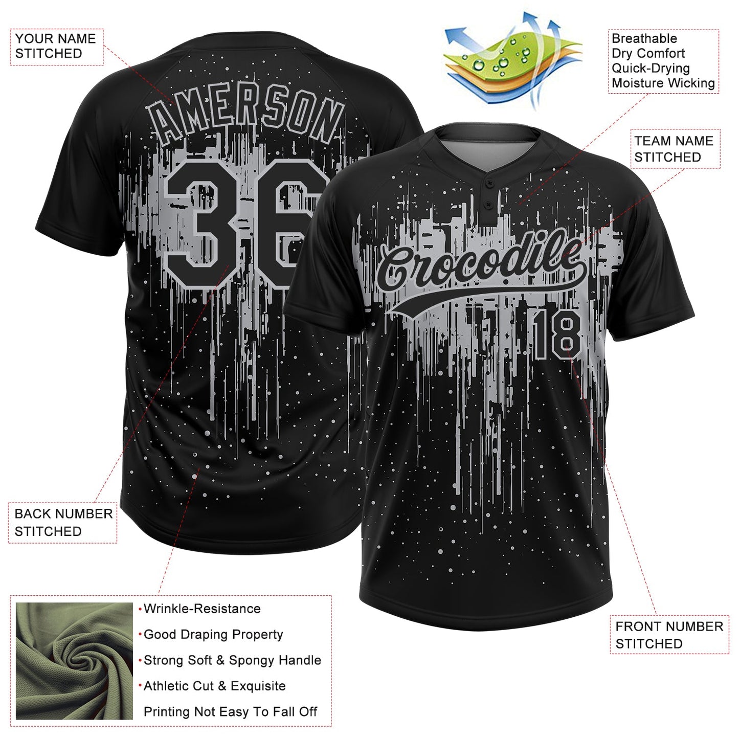 Custom Black Gray 3D Pattern Dripping Splatter Art Two-Button Unisex Softball Jersey view 3