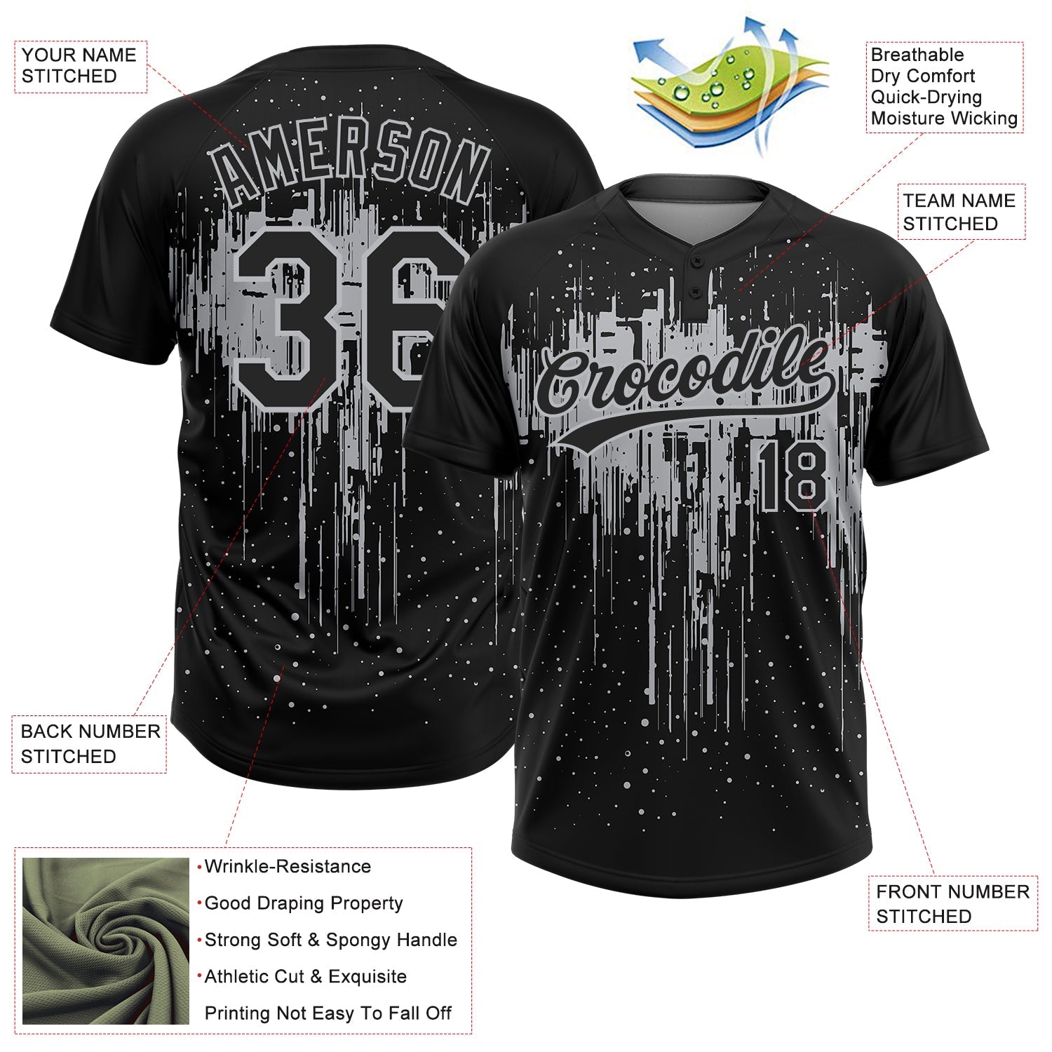 Custom Black Gray 3D Pattern Dripping Splatter Art Two-Button Unisex Softball Jersey view 3