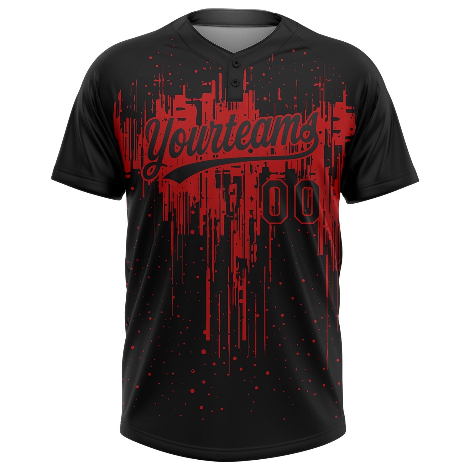 Custom Black Red 3D Pattern Dripping Splatter Art Two-Button Unisex Softball Jersey view 2