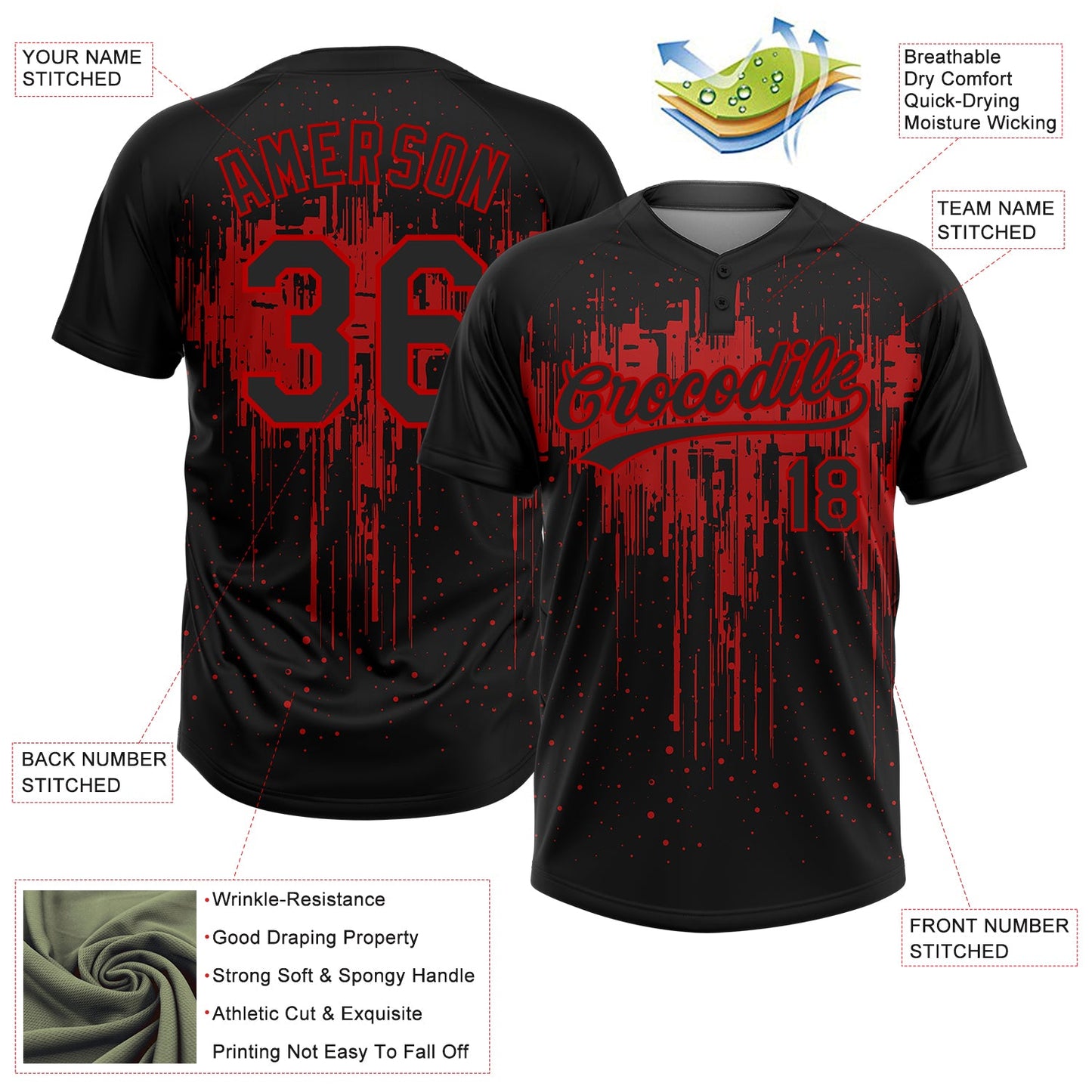 Custom Black Red 3D Pattern Dripping Splatter Art Two-Button Unisex Softball Jersey view 3