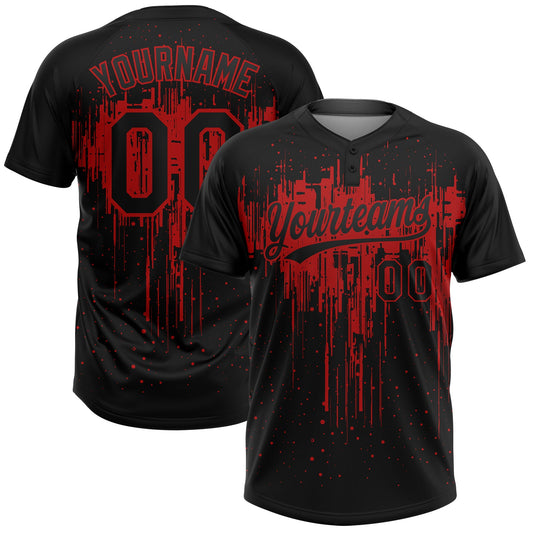 Custom Black Red 3D Pattern Dripping Splatter Art Two-Button Unisex Softball Jersey - Main View