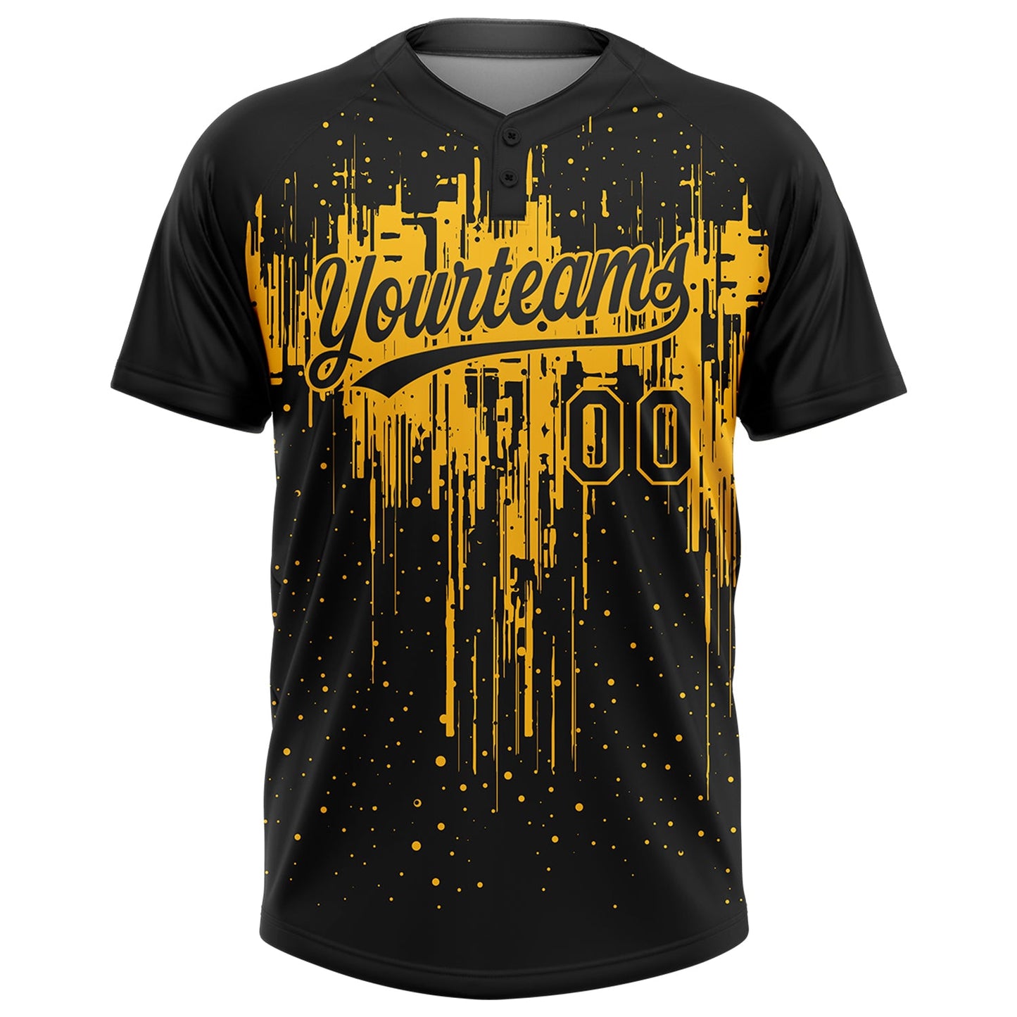 Custom Black Gold 3D Pattern Dripping Splatter Art Two-Button Unisex Softball Jersey view 2