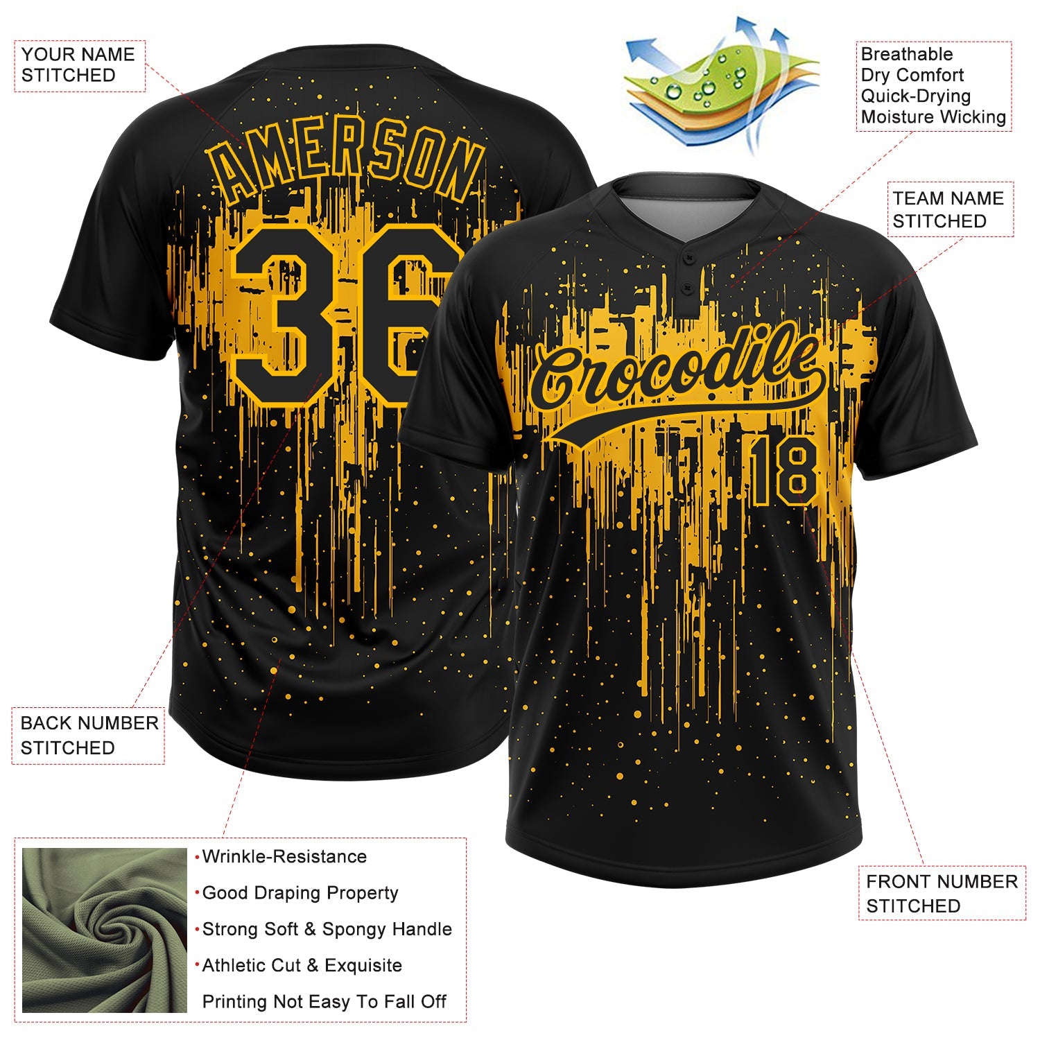 Custom Black Gold 3D Pattern Dripping Splatter Art Two-Button Unisex Softball Jersey view 3