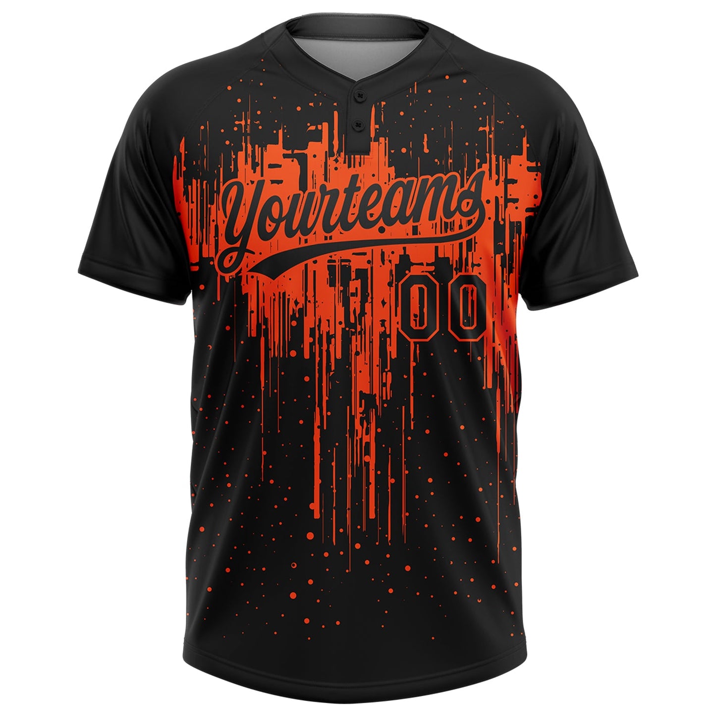 Custom Black Orange 3D Pattern Dripping Splatter Art Two-Button Unisex Softball Jersey view 2