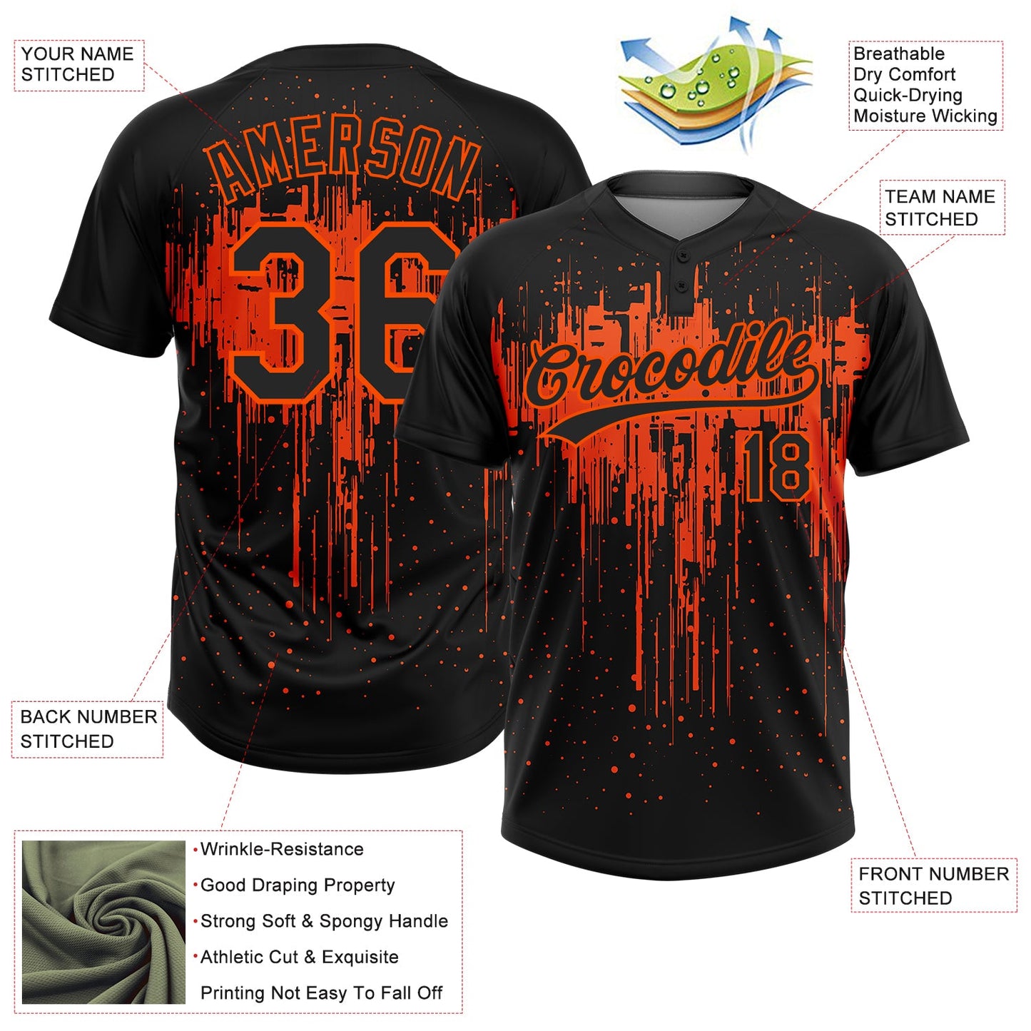 Custom Black Orange 3D Pattern Dripping Splatter Art Two-Button Unisex Softball Jersey view 3