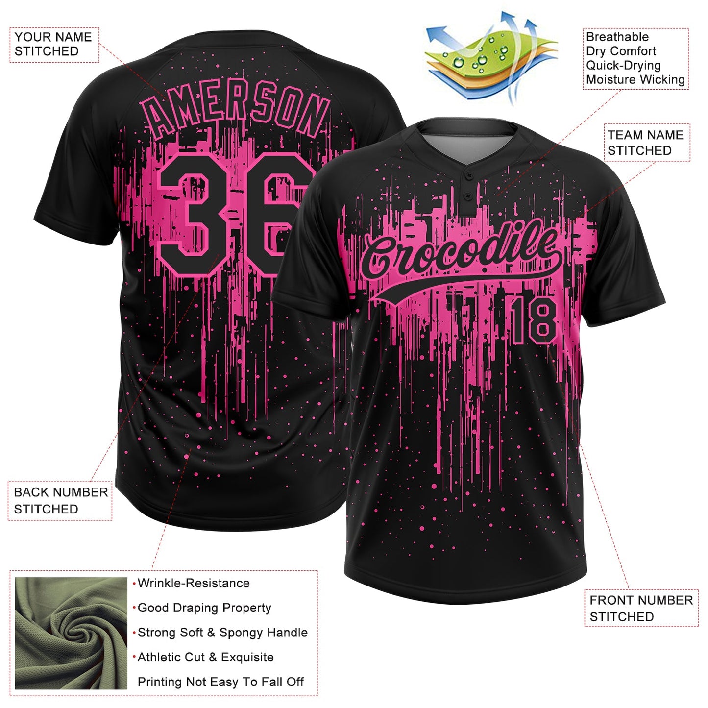 Custom Black Pink 3D Pattern Dripping Splatter Art Two-Button Unisex Softball Jersey view 3