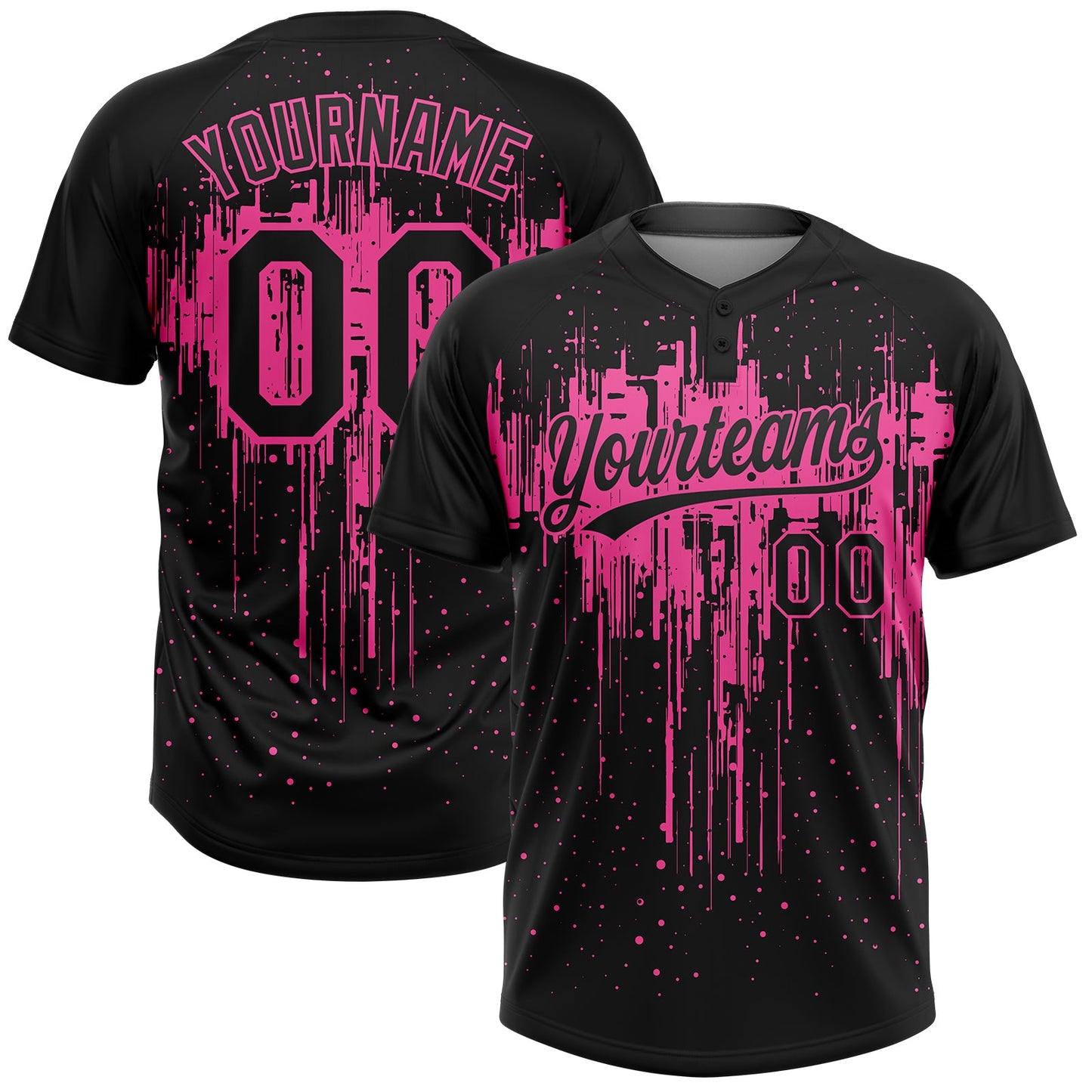 Custom Black Pink 3D Pattern Dripping Splatter Art Two-Button Unisex Softball Jersey - Main View