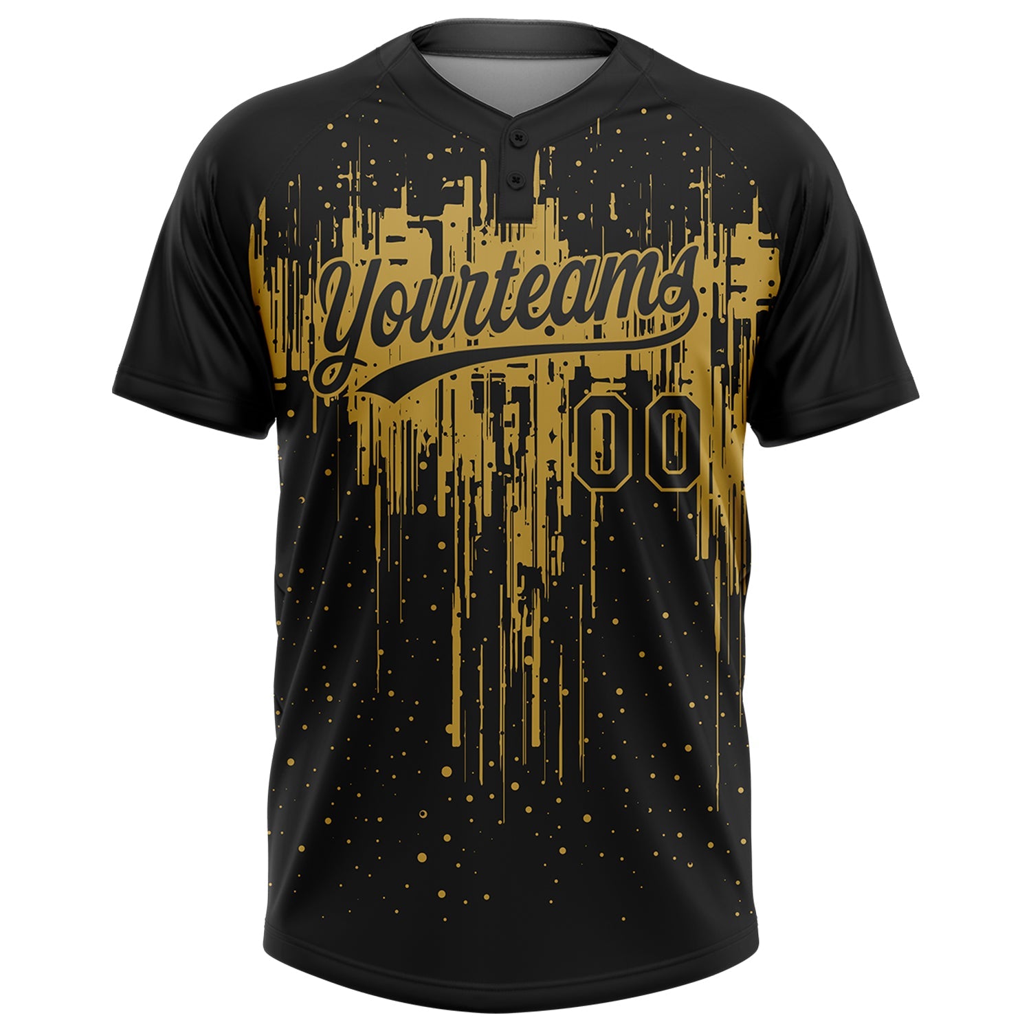 Custom Black Old Gold 3D Pattern Dripping Splatter Art Two-Button Unisex Softball Jersey view 2