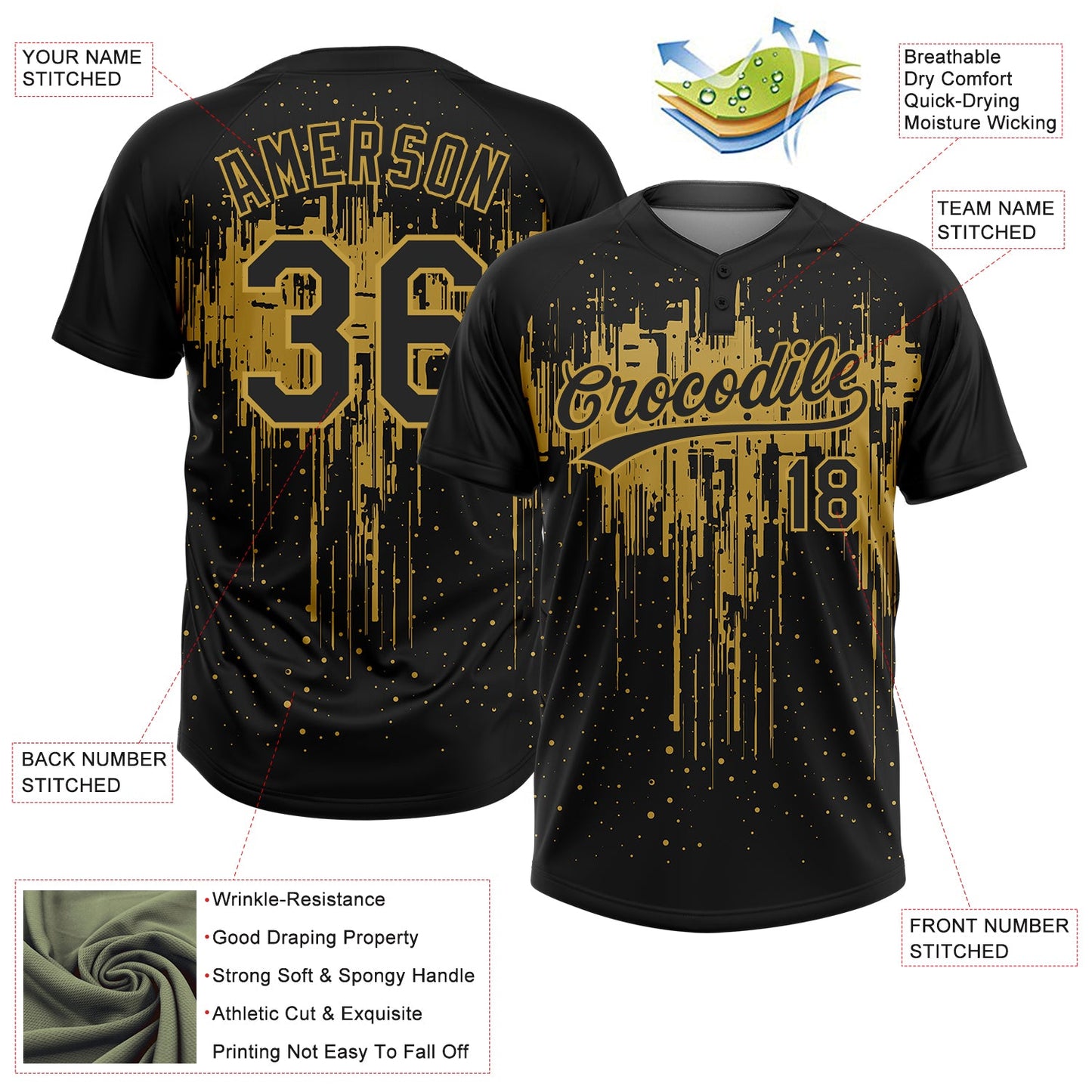 Custom Black Old Gold 3D Pattern Dripping Splatter Art Two-Button Unisex Softball Jersey view 3