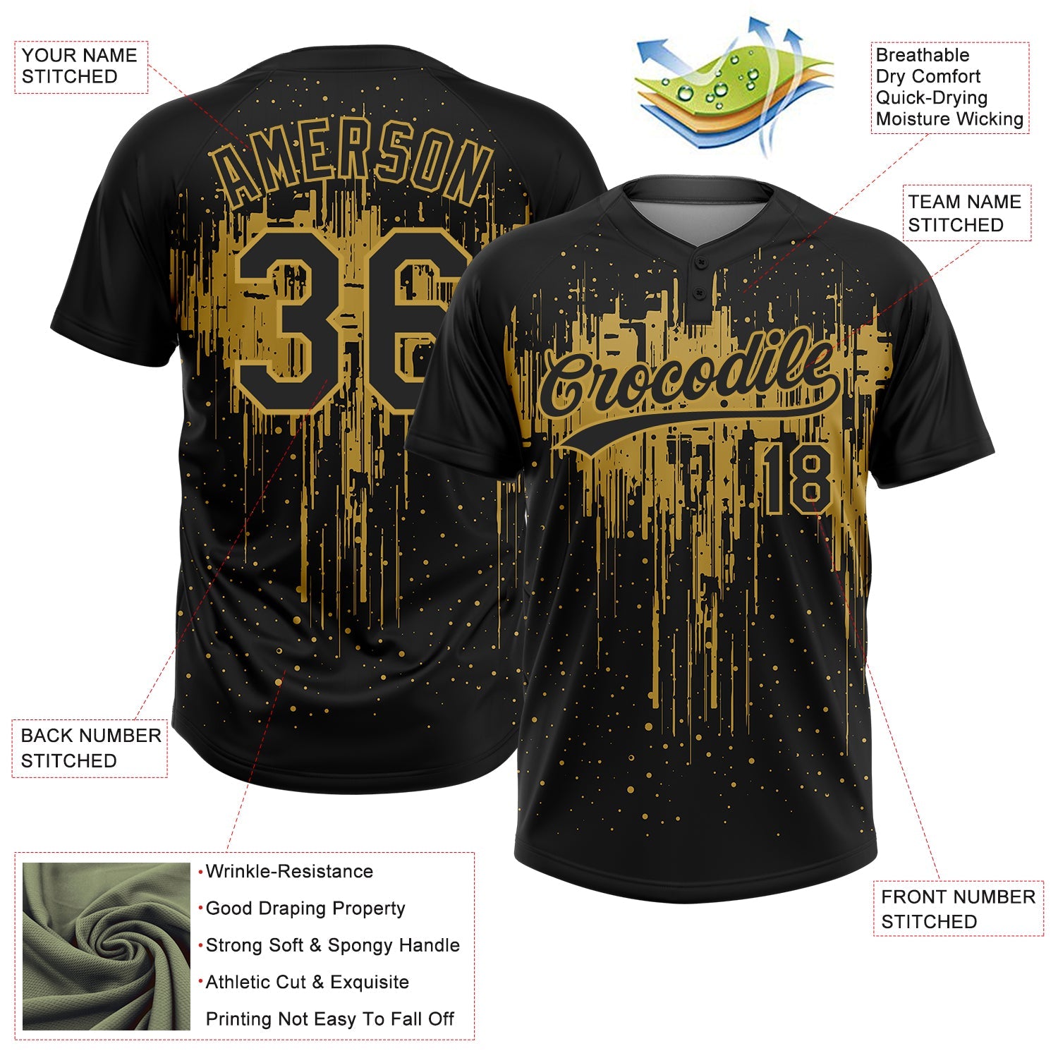 Custom Black Old Gold 3D Pattern Dripping Splatter Art Two-Button Unisex Softball Jersey view 3