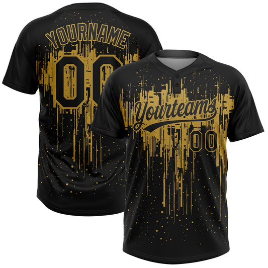 Custom Black Old Gold 3D Pattern Dripping Splatter Art Two-Button Unisex Softball Jersey - Main View