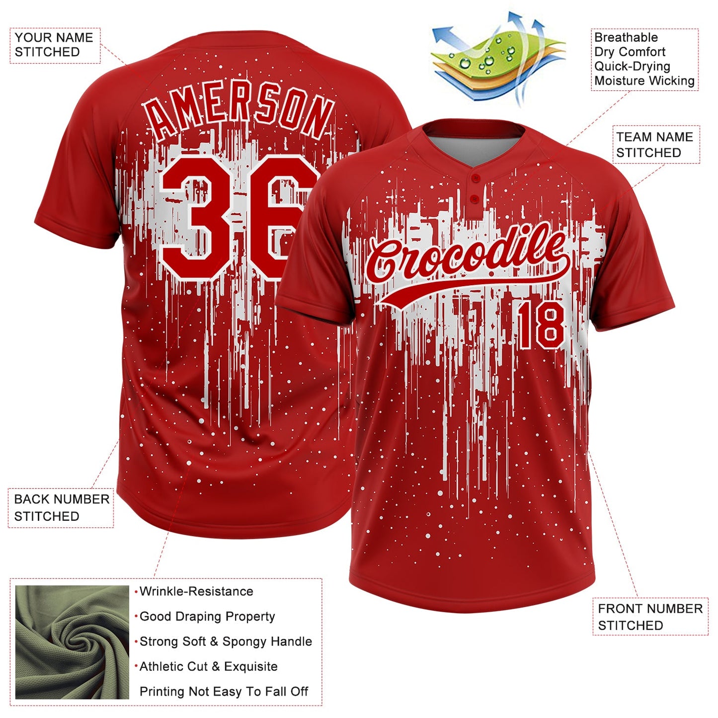 Custom Red White 3D Pattern Dripping Splatter Art Two-Button Unisex Softball Jersey view 3