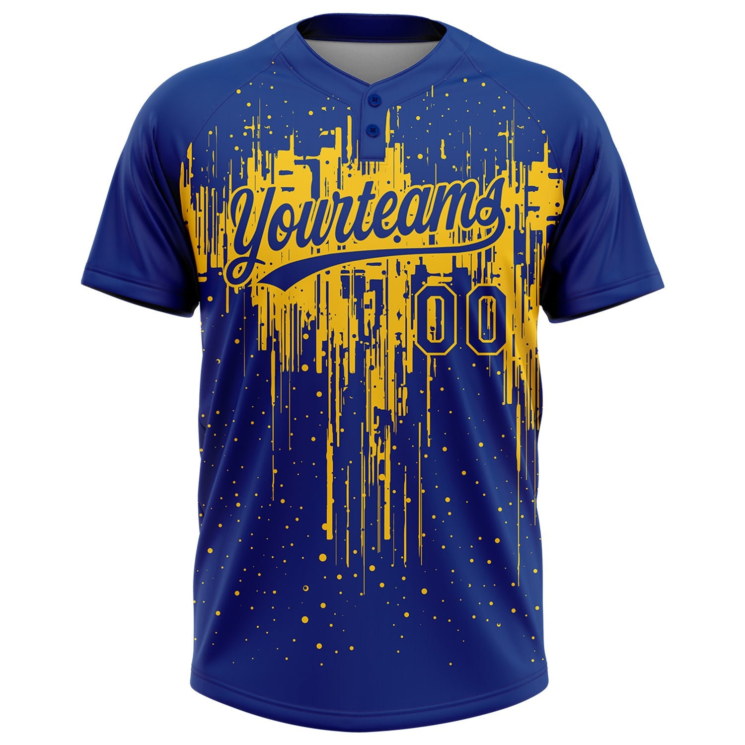Custom Royal Yellow 3D Pattern Dripping Splatter Art Two-Button Unisex Softball Jersey view 2