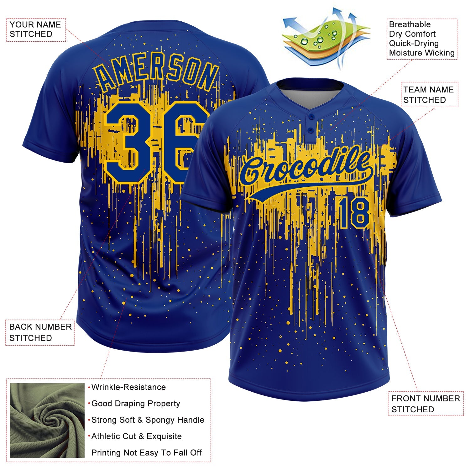 Custom Royal Yellow 3D Pattern Dripping Splatter Art Two-Button Unisex Softball Jersey view 3